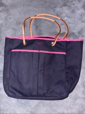 Anya Hindmarch Black Canvas Tote with Pink Trim and Tan Leather Handles